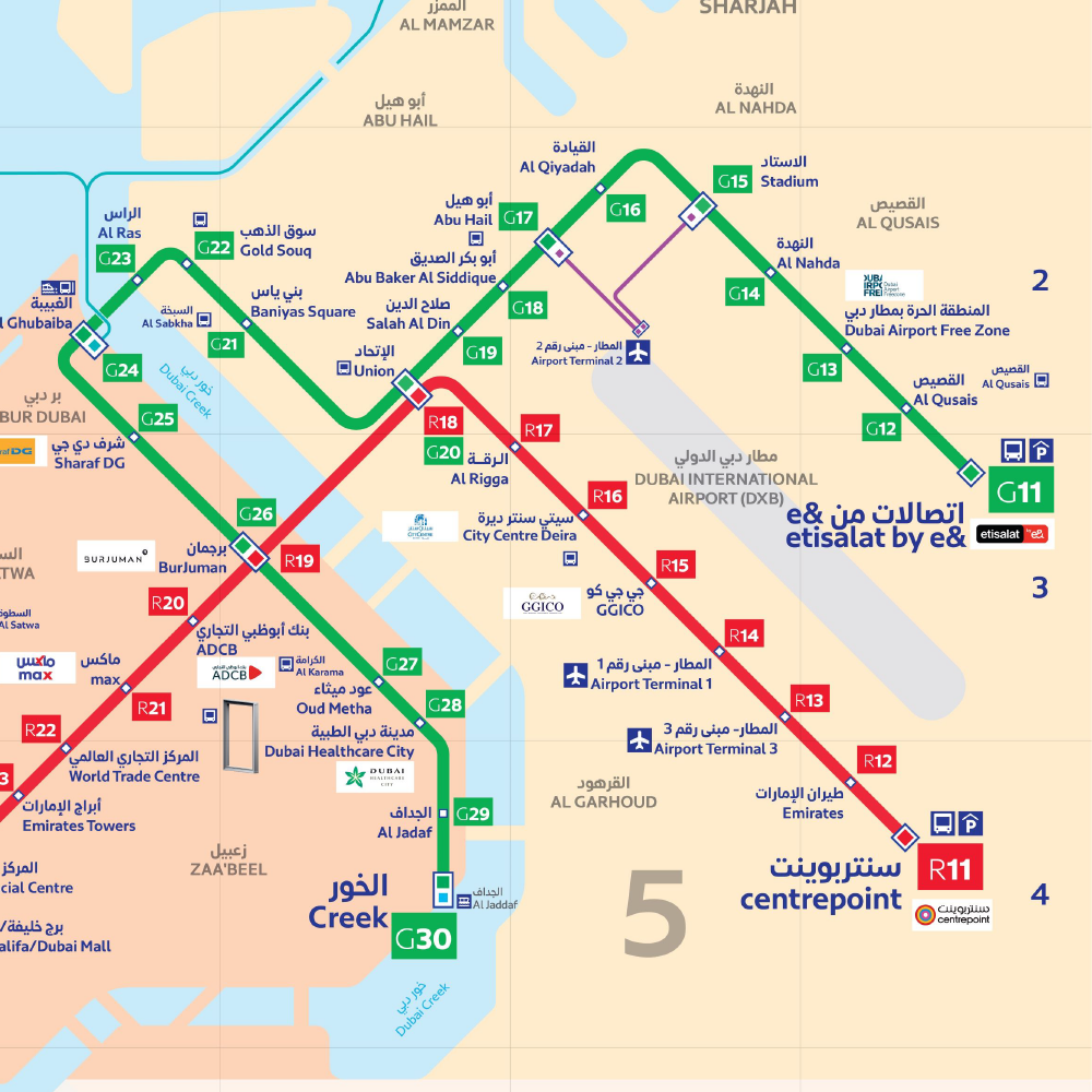 Dubai Metro Green Line Map 2023